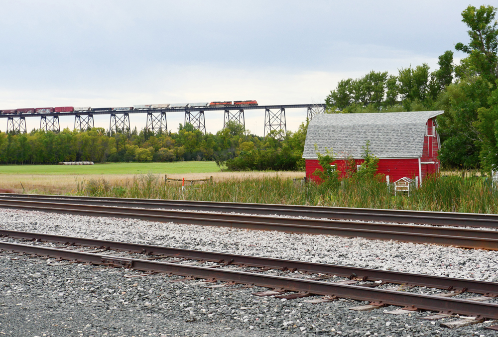 Train on high bridge in distance with tracks and barn in foreground