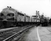 Multiple diesel Erie Railroad locomotives with freight train in city