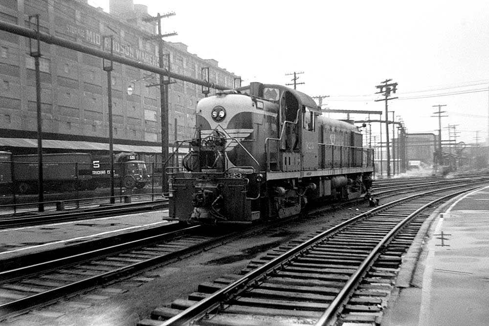 Diesel locomotive without train in city