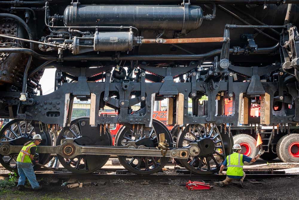 Steam locomotive lifted off its wheels