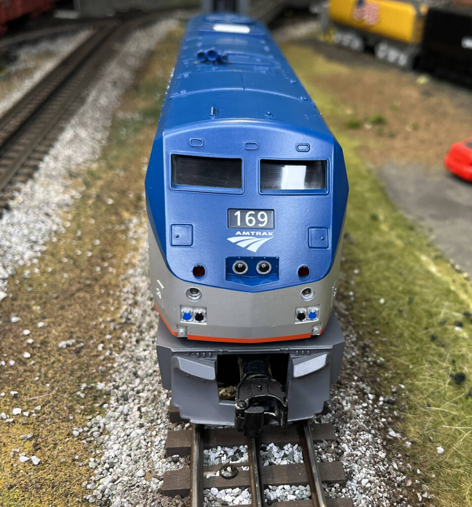 nose of blue and silver locomotive