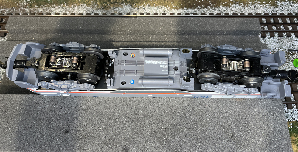 underside of model locomotive