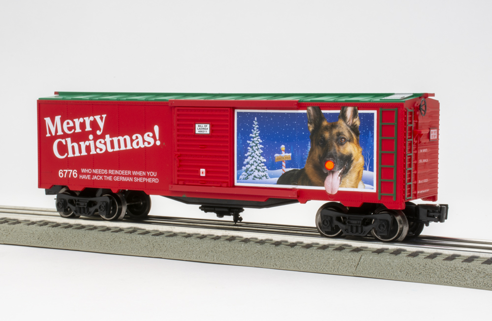 red boxcar with Christmas design