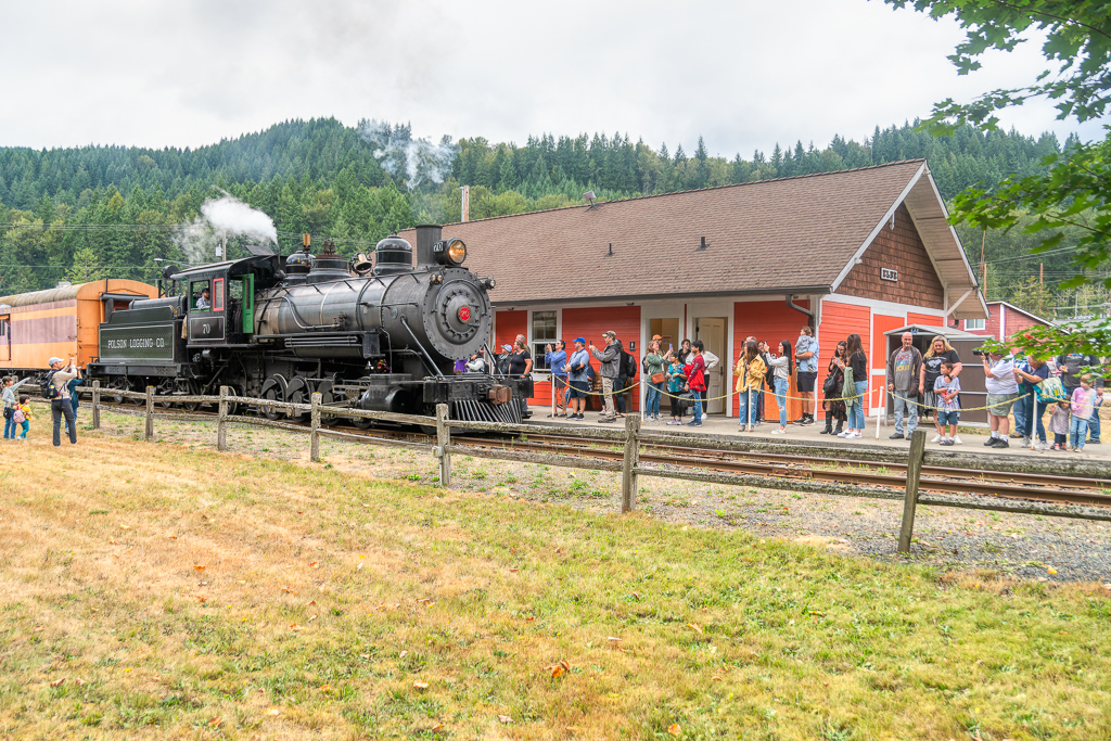 Steam locomotive with train at station with crowd of passengers