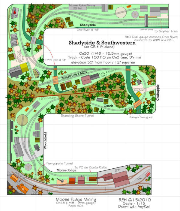 A screen shot of AnyRail showing a computer-drawn track plan