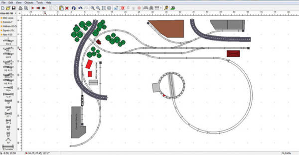 A screen shot of Atlas track planning software showing a computer-drawn track plan
