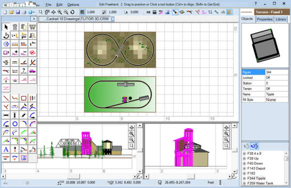 A screen shot of CADRail showing multiple views of several track and structure plans