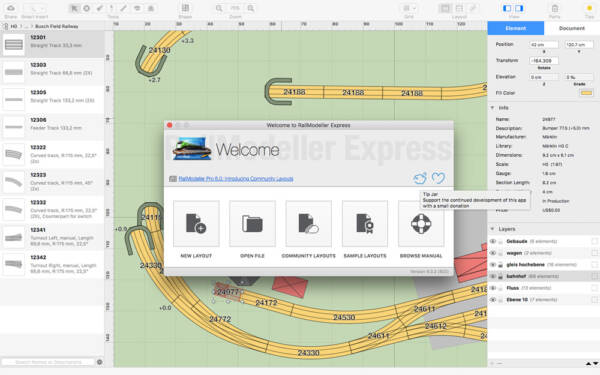 A screen shot of Rail Modeller Pro showing a computer-drawn track plan