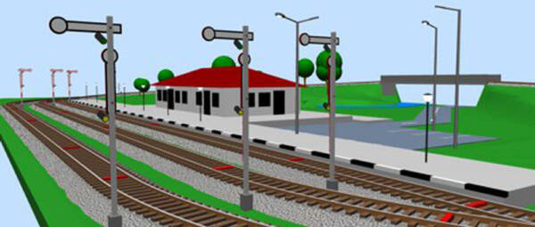 A screen shot of SCARM showing a 3D rendering of a model railroad station scene