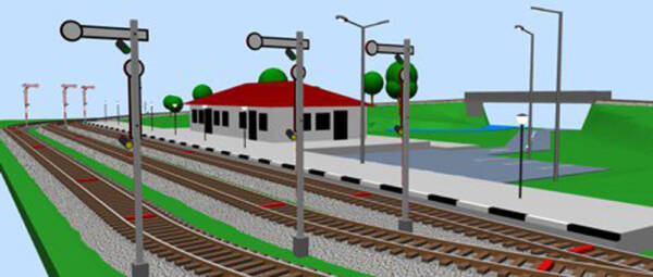 A screen shot of SCARM showing a 3D rendering of a model railroad station scene