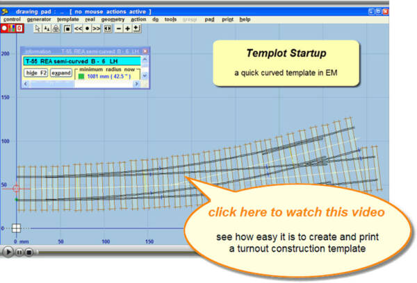 A screen shot of Templot showing a tutorial guiding a user through making a curved turnout template