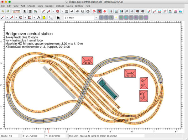 A screen shot of XTrackCAD showing a computer-drawn track plan