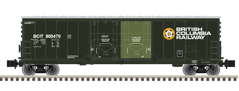 Illustration of two-tone green boxcar with white and orange graphics.