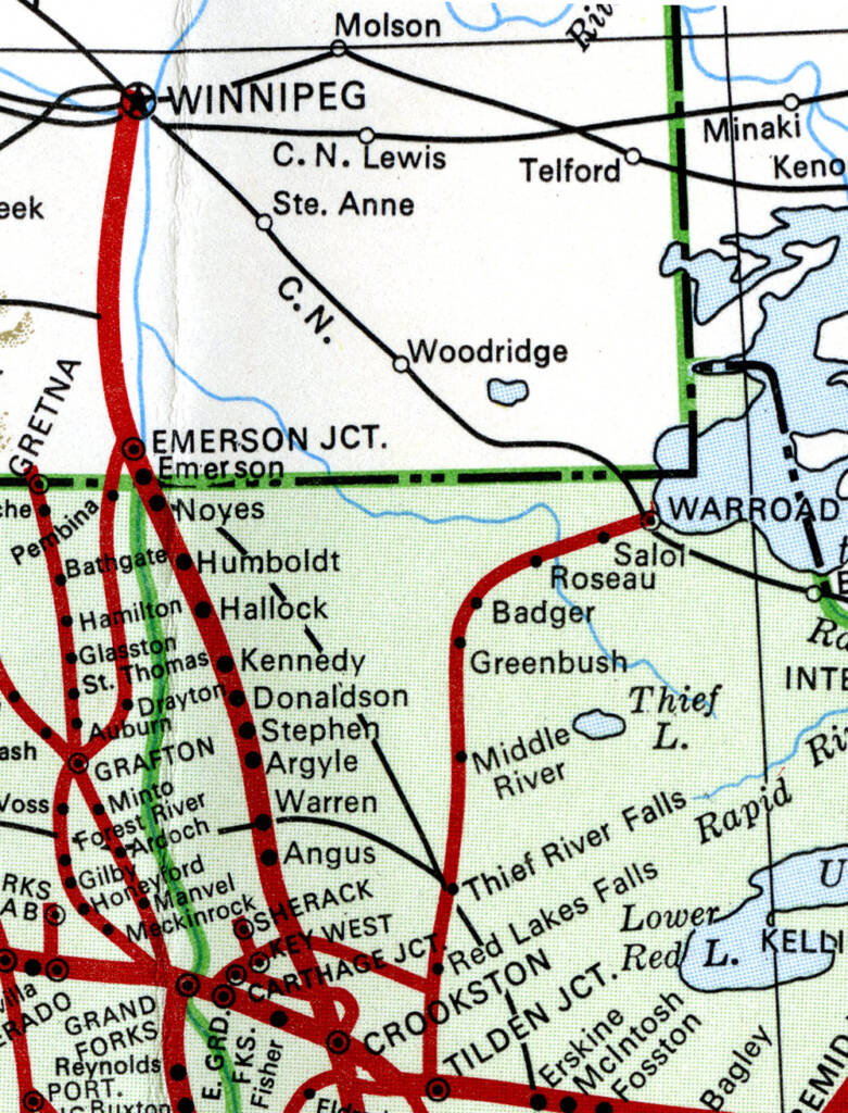 Scan of map showing BN system in North Dakota, Minnesota, and Manitoba.