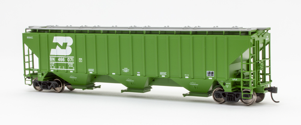Color photo of HO scale covered hopper on white background.