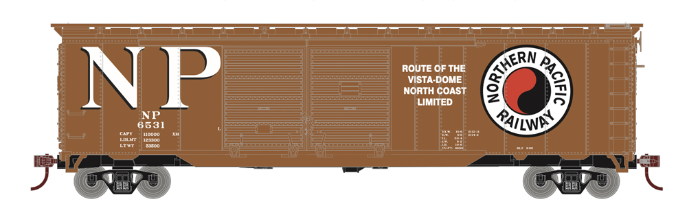 A model boxcar painted in brown with a NP logo