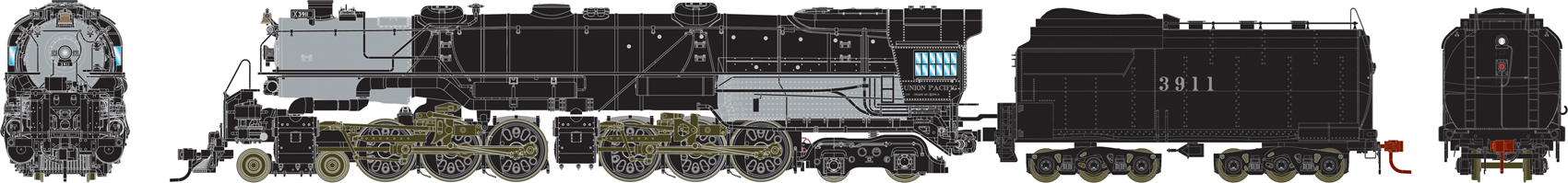 A black model locomotive seen from front, rear and side view