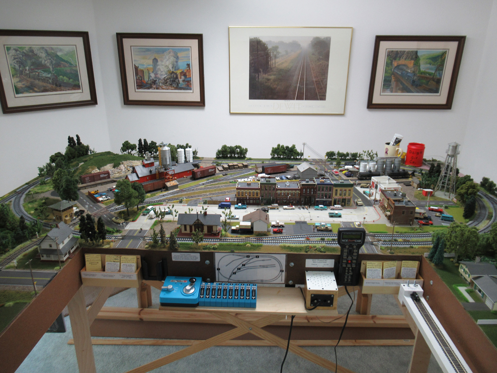 A the downtown section of a model railroad layout