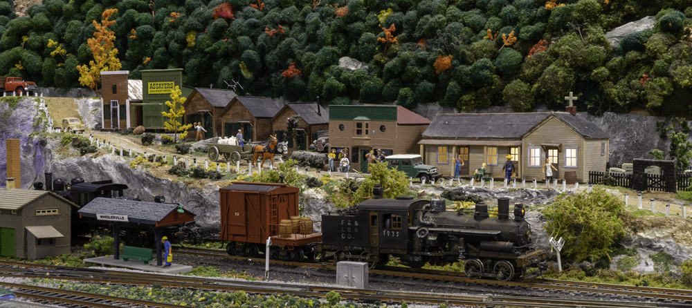 A small town scene on a model railroad layout