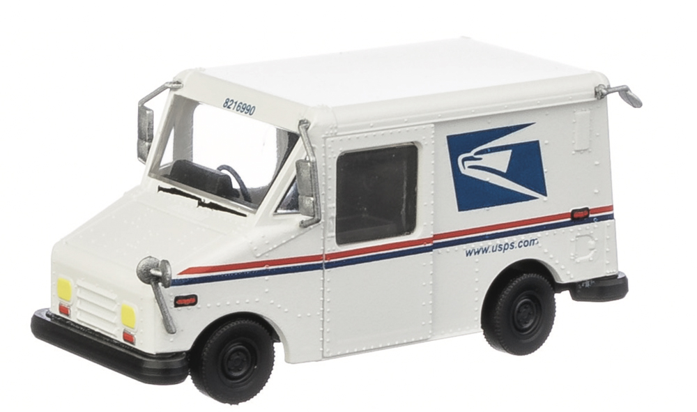 A model mail delivery vehicle painted in a USPS paint scheme