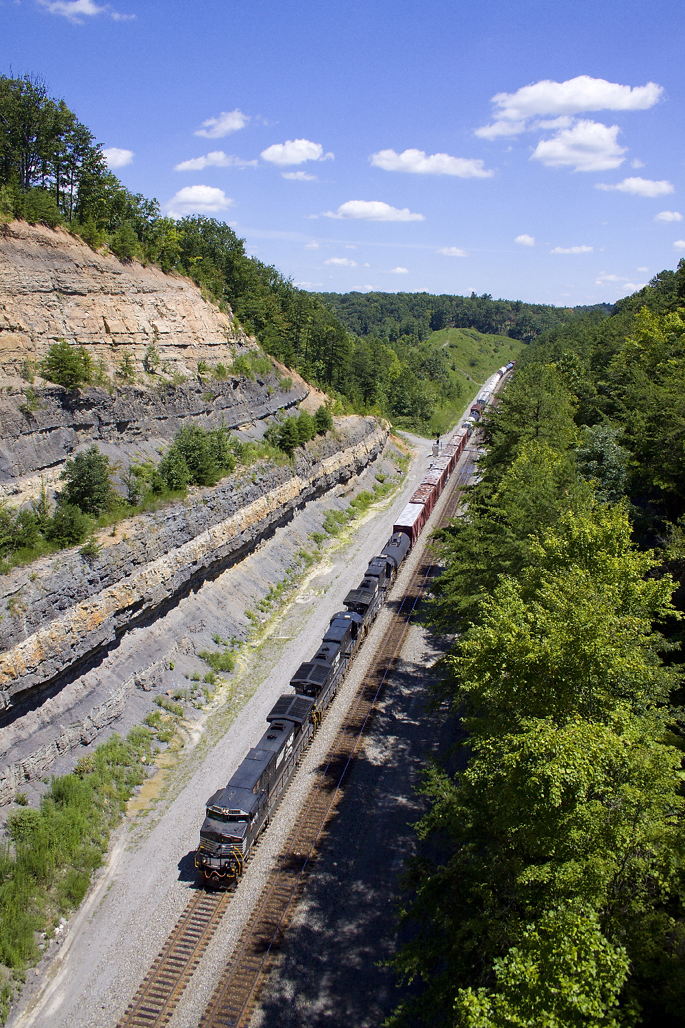 Black and white diesel locomotives pulling a freight train