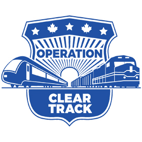 Blue police-badge logo with two passenger trains.