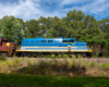 blue, yellow, gray engine with trees