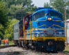 closeup view of blue, yellow, and gray engine