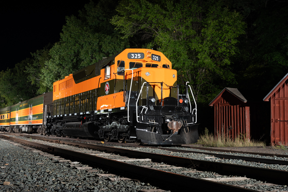 yellow in black locomotive at night