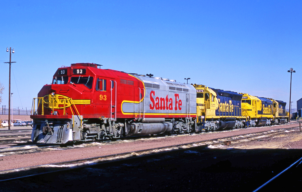 red and silver Santa Fe train