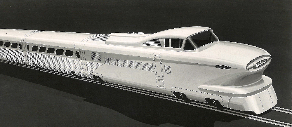 Artist's concept drawing of a futuristic train. Five mind-blowing facts about the GM Aerotrain.
