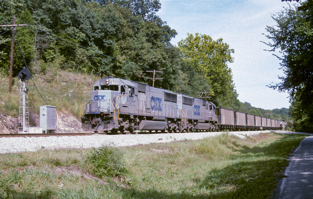 Two grey diesel locomotives with blue lettering pass a green grassy right of way in the foreground with a tree-covered hillside beyond