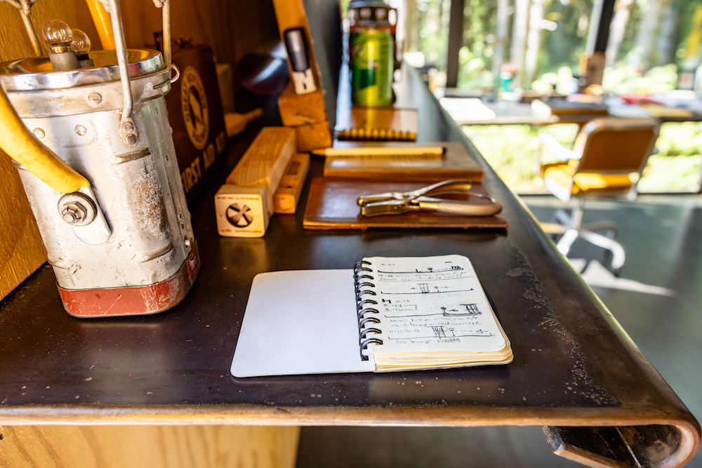 A desktop with open notebook and railroad memorabilia