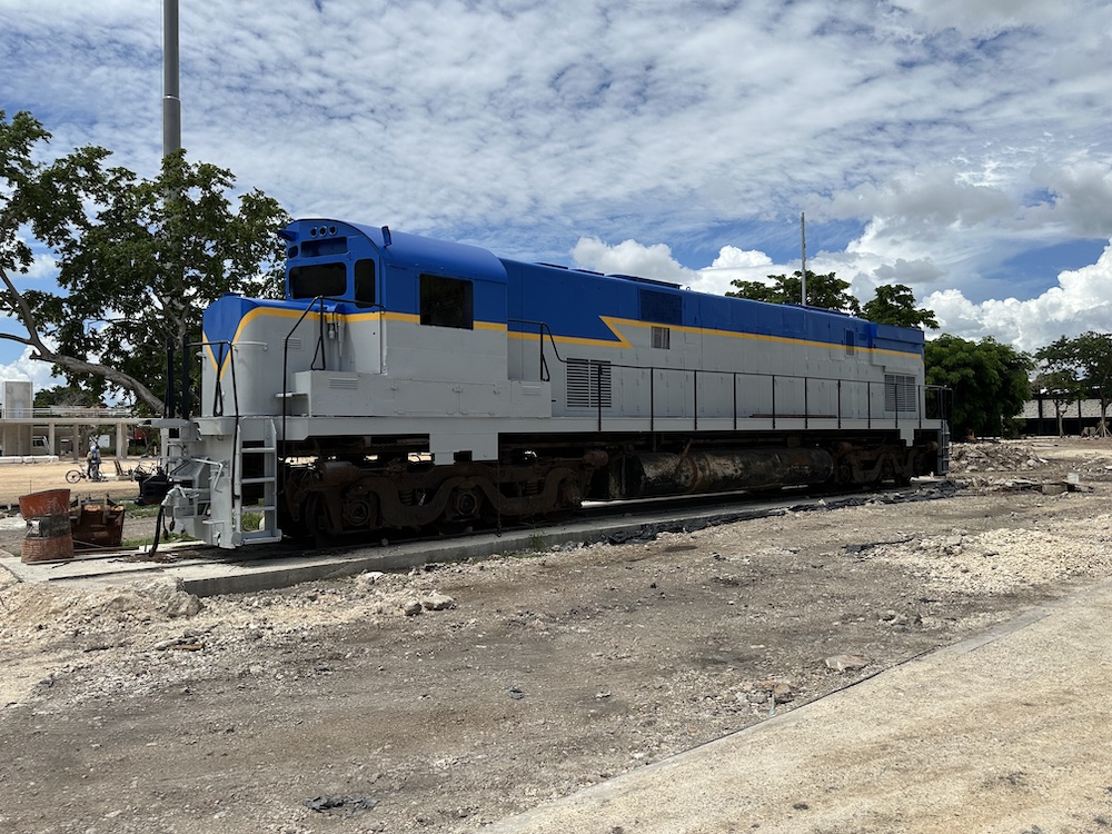 Alco diesel locomotive undergoing cosmetic restoration.