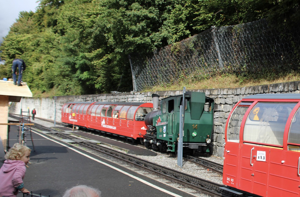 Green and black locomotive with two red cars on steep grade