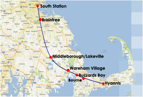 Map of rail route from Boston's South Station to Hyannis, Mass.