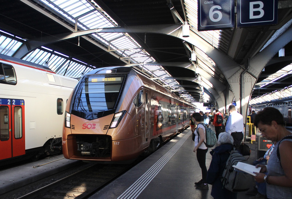 Copper-colored EMU trainset at large station