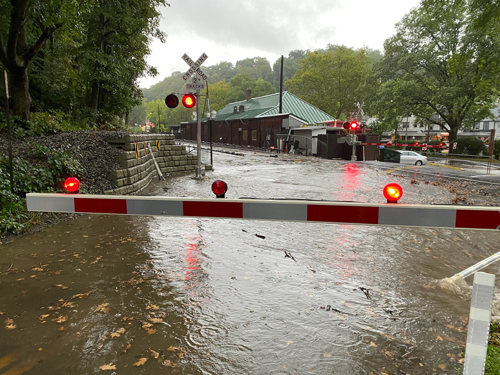 Flooded railroad grade crossing