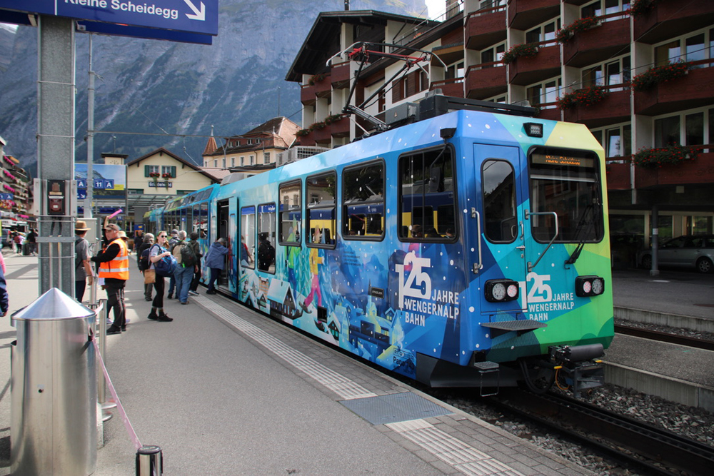 Multicolored mountain railway train