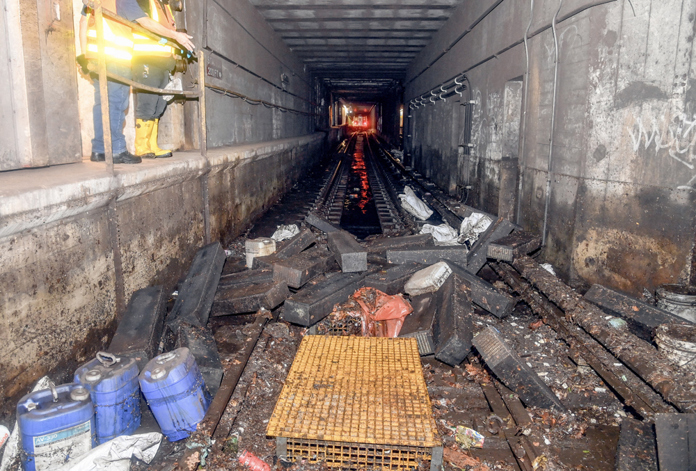 Debris and water in subway tunnel