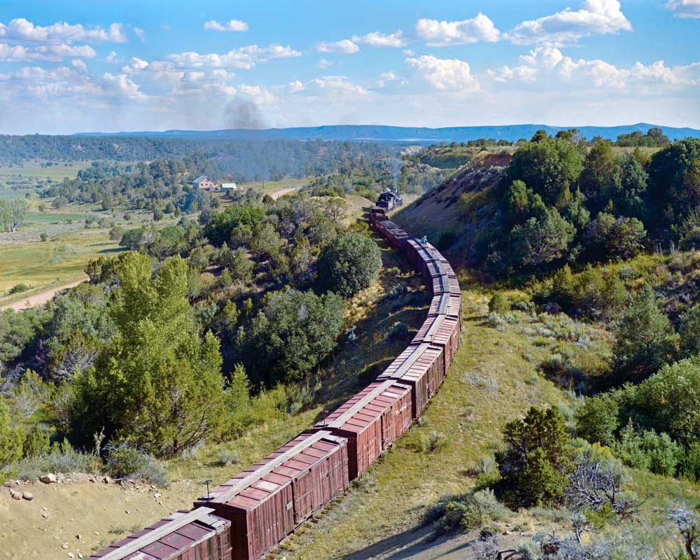 Freight train winds through tree-covered hills