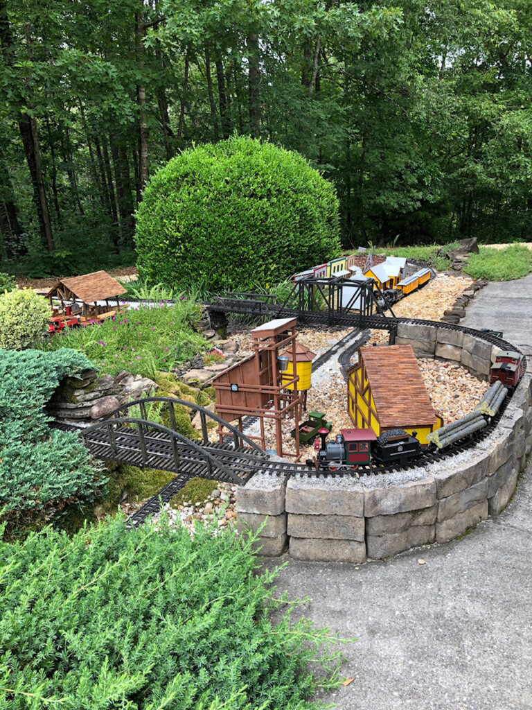 overview of a garden railway with full-size trees behind it