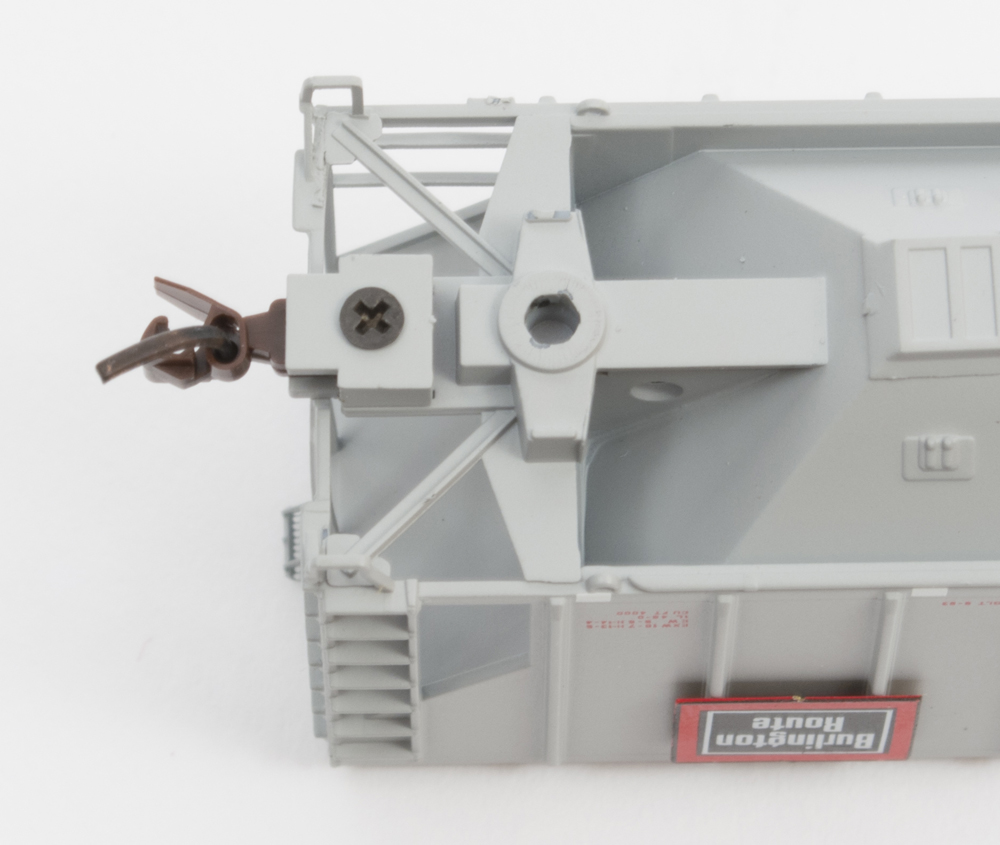 Color photo showing underbody of N scale freight car.