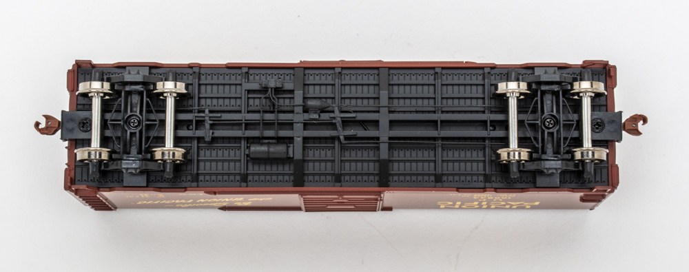 Color photo showing underbody of HO scale boxcar.