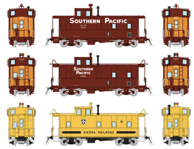 Three model cabooses in various paint jobs