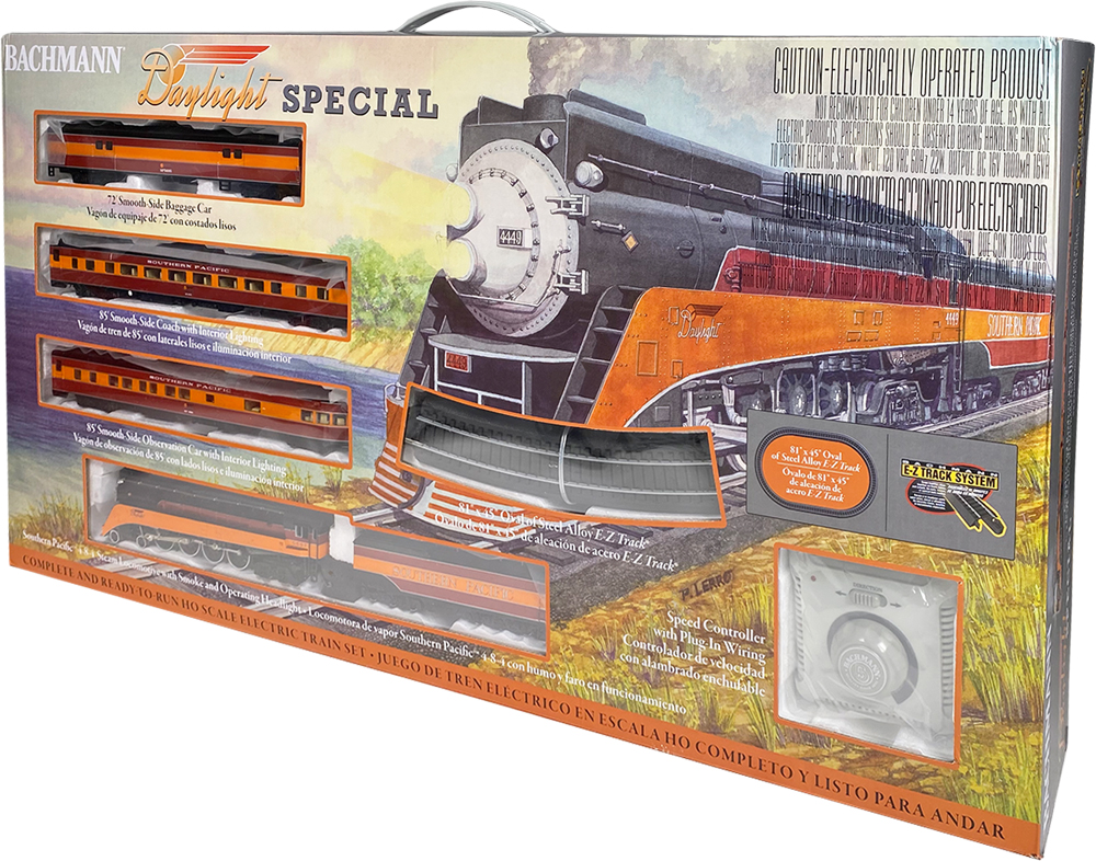 Color photo of HO scale train set box with painted box art and display windows for models.