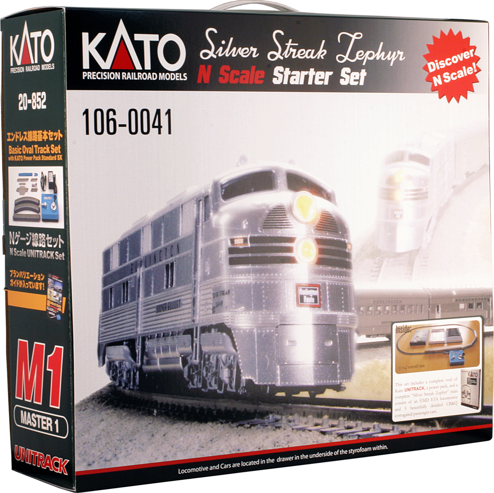 Color image of train set box with image of silver cab unit and lightweight passenger cars.