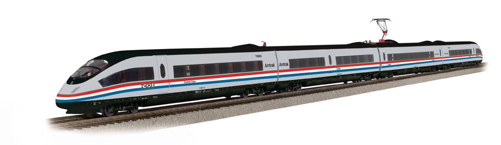 Color photo of streamlined European-style passenger train.