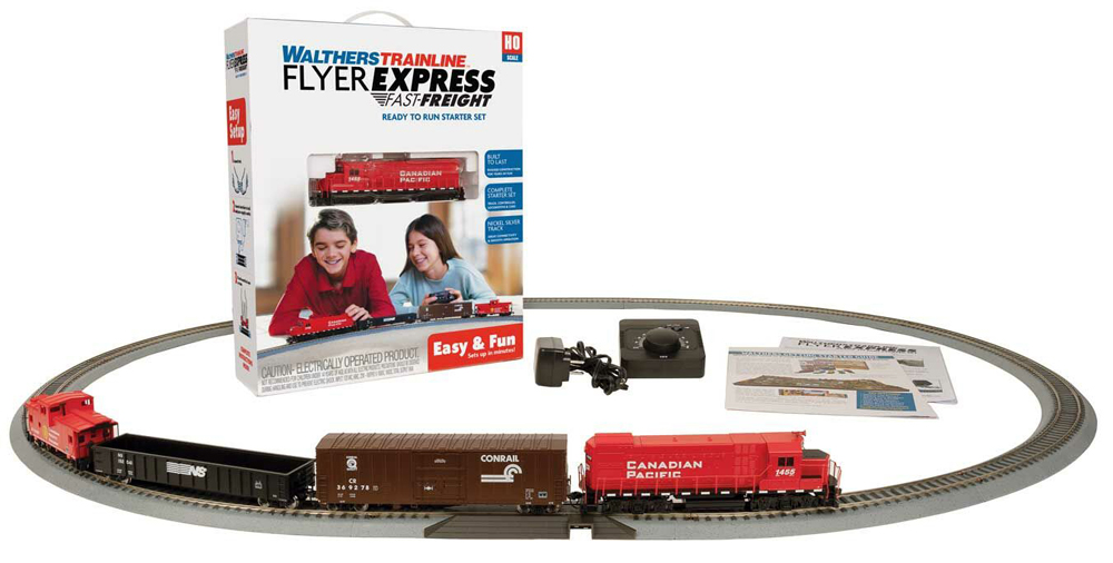 Color photo of HO scale train on circle of track with power pack, box, and booklets visible.