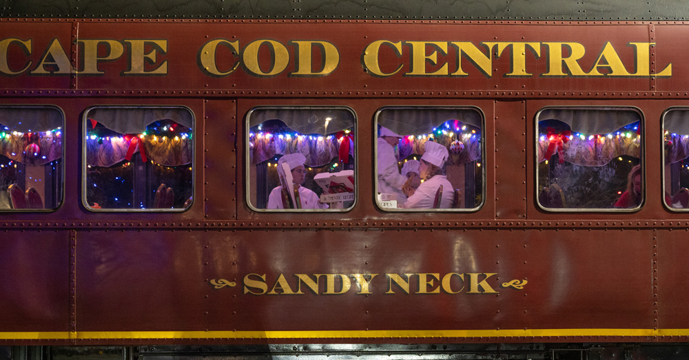 brown train car with people in holiday decor in the windows